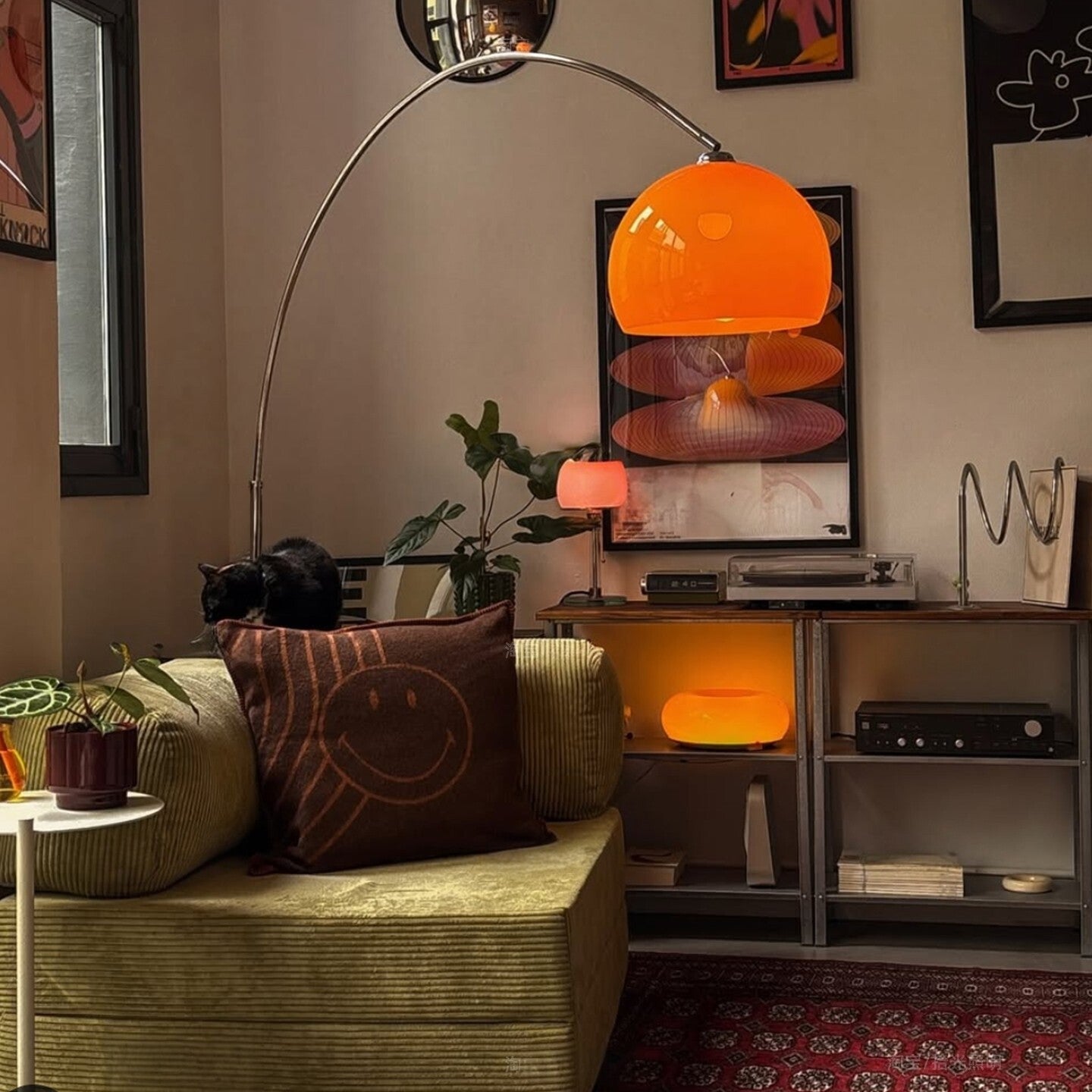 Vintage Orange Arc Floor Lamp with Acrylic Shade