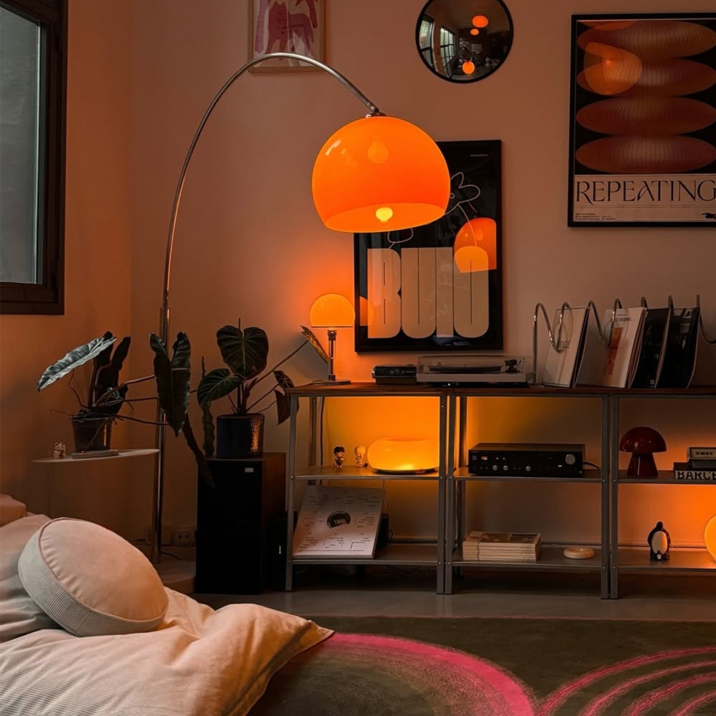 Vintage Orange Arc Floor Lamp with Acrylic Shade